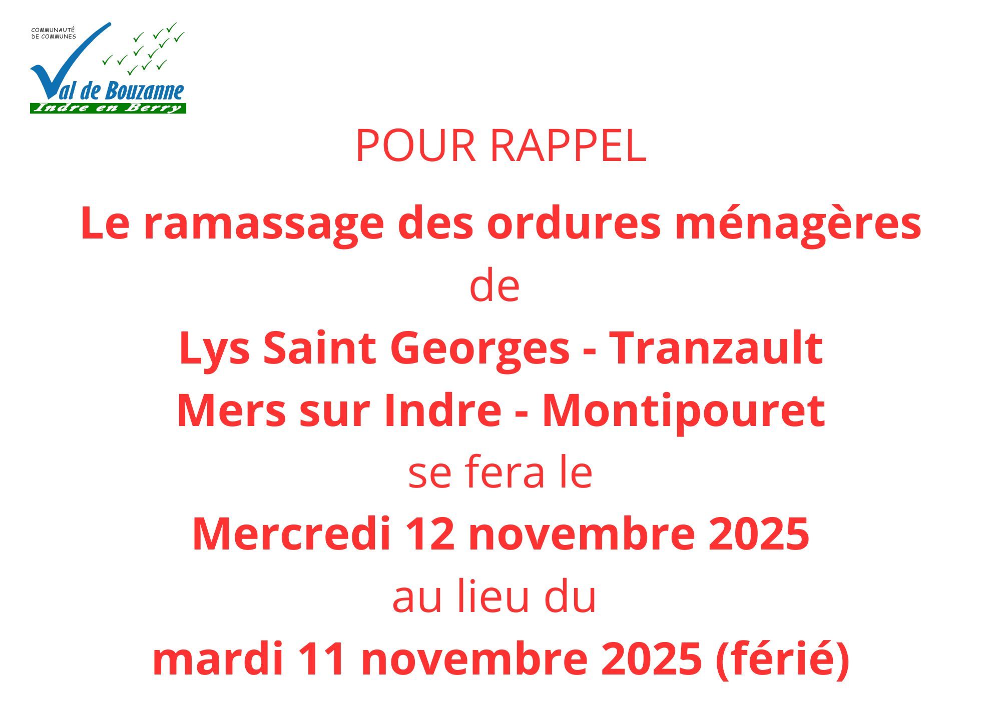 REPORT RAMASSAGE DU TRI DU MARDI 11 NOVEMBRE AU MERCREDI 12 NOVEMBRE 2025